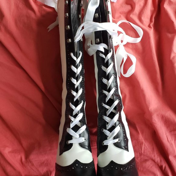 Bordello Shoes - Bordello knee high boots with ribbon detail-worn once. Comes with original box,